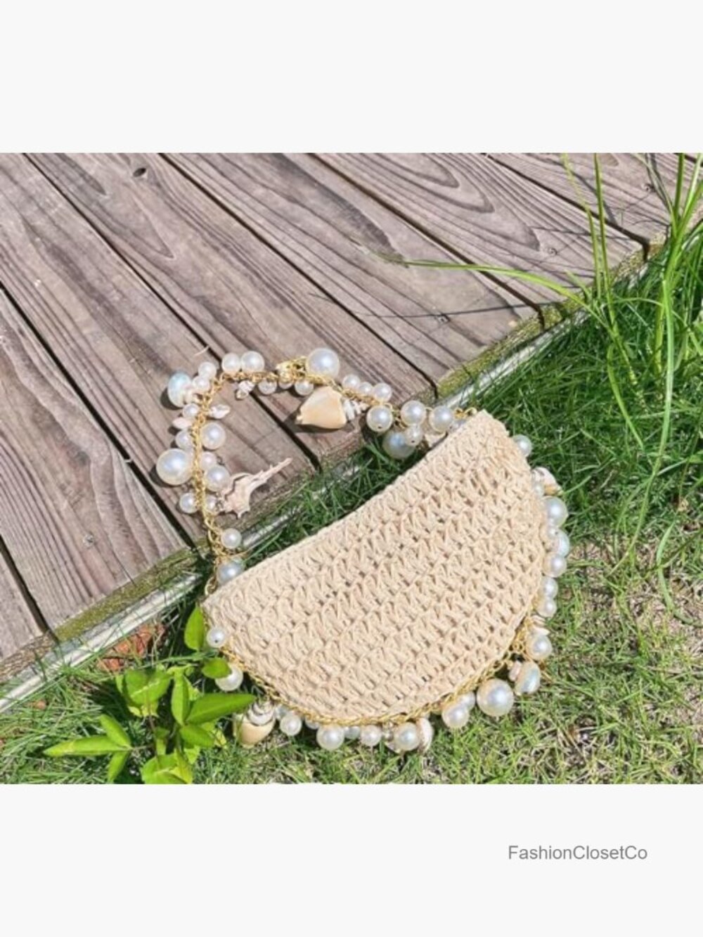 Woven Straw Shoulder Bag with Pearl Chain, Handmade Beach Messenger Bag for - Picture 3 of 7